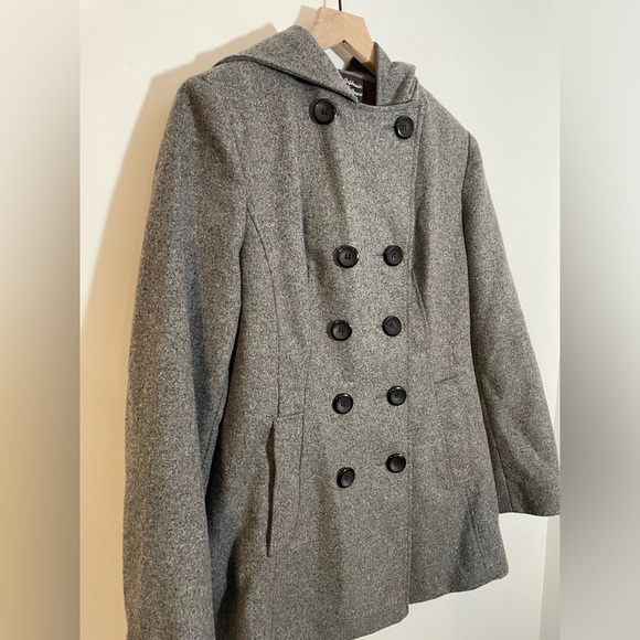 Stephanie Matthews Jackets & Blazers - Stephanie Mathews Pea Coat Medium Gray Wool Blend Double Breasted With Hood